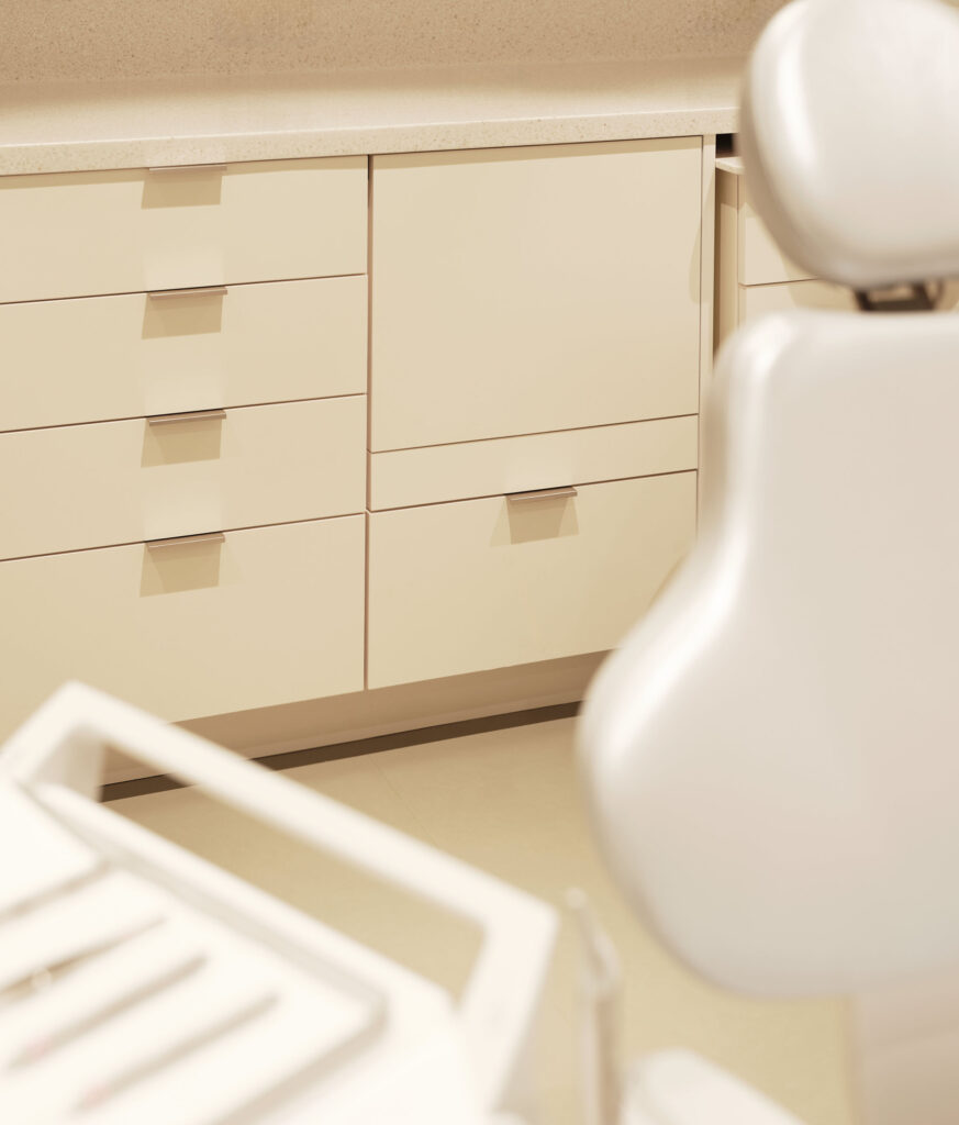 Interior design of Chelsea Dental Clinic showcasing organic textures and calming lighting